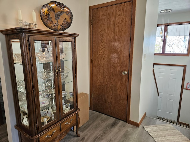 entrance foyer with baseboards and wood finished floors