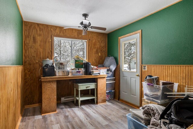 1607 7th Ave, Grand Rapids, MN 55744 - office with wood walls, wood finished floors, ceiling fan, a textured wall, and a wainscoted wall