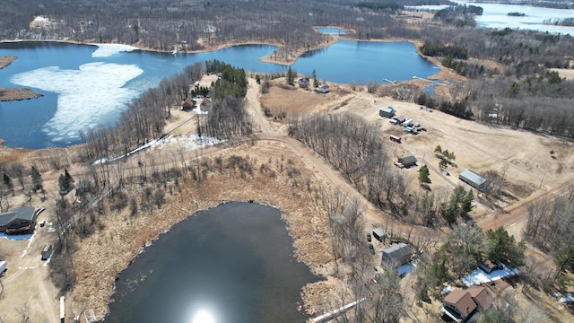 bird's eye view with a forest view and a water view