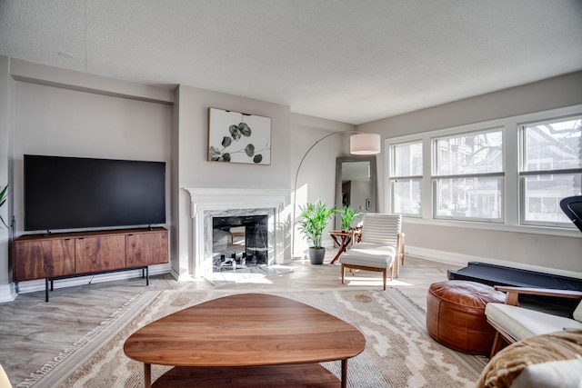 79 Western Ave N Unit 100, Saint Paul, MN 55102 - living room with baseboards, a high end fireplace, a textured ceiling, and wood finished floors
