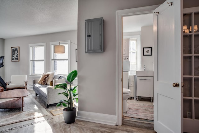 79 Western Ave N Unit 100, Saint Paul, MN 55102 - living room featuring baseboards, electric panel, a baseboard radiator, and a textured ceiling
