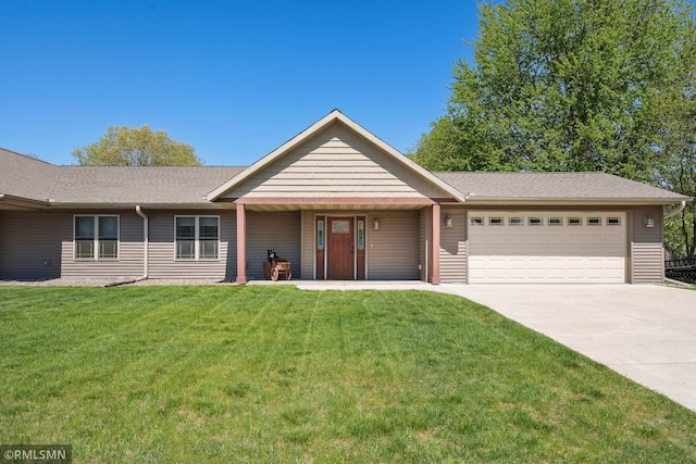 2615 Freeway Dr, Bloomer, WI 54724 - ranch-style home featuring a garage, concrete driveway, a front yard, a porch, and a shingled roof