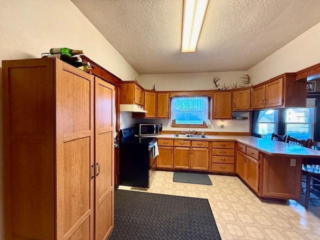 kitchen featuring stainless steel microwave, electric range, a sink, a peninsula, and light floors