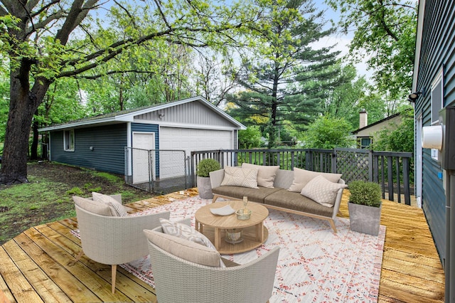 3401 Meadow Ln, Minnetonka, MN 55345 - wooden terrace featuring a detached garage, an outdoor living space, and an outbuilding