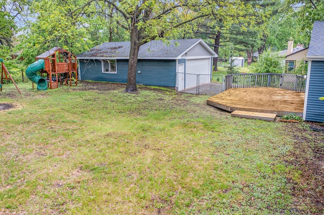 3401 Meadow Ln, Minnetonka, MN 55345 - view of yard featuring a playground, a deck, and a garage