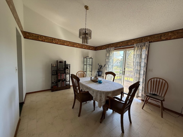 7996 Corey Path, Inver Grove Heights, MN 55076 - dining room with light floors, a textured ceiling, baseboards, vaulted ceiling, and a chandelier