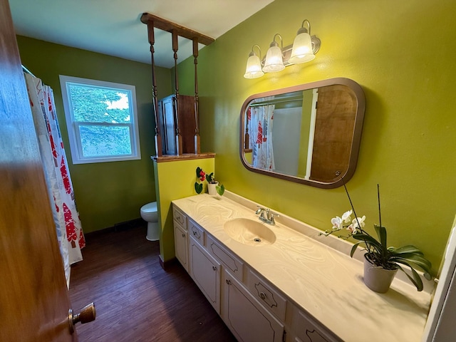 68680 470th St, Wellington Twp, MN 55332 - bathroom featuring wood finished floors, toilet, vanity, and a shower with curtain