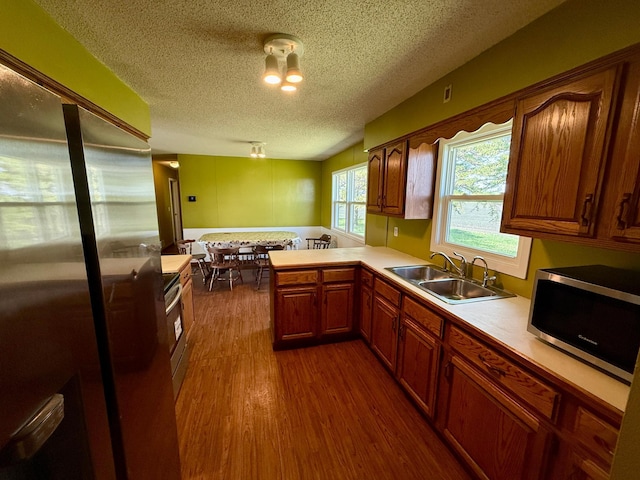 68680 470th St, Wellington Twp, MN 55332 - kitchen featuring stainless steel appliances, a sink, a textured ceiling, light countertops, and dark wood-style flooring