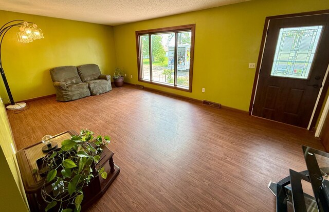 68680 470th St, Wellington Twp, MN 55332 - entryway featuring wood finished floors, a textured ceiling, baseboards, and a chandelier
