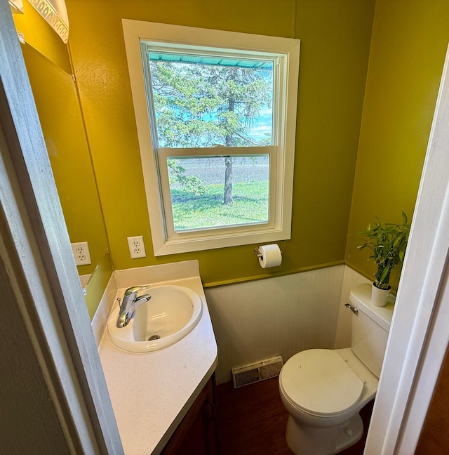 68680 470th St, Wellington Twp, MN 55332 - bathroom with vanity, toilet, and wood finished floors