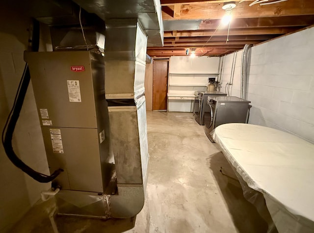 68680 470th St, Wellington Twp, MN 55332 - unfinished basement with washing machine and dryer, concrete block wall, and heating unit