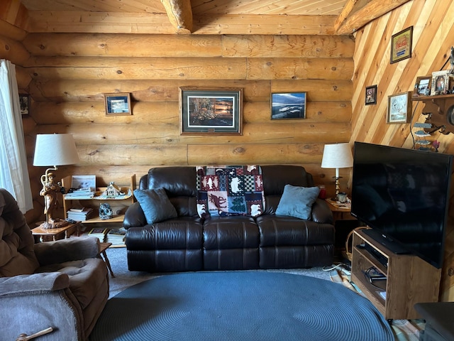 47241 186th Pl, Mcgregor, MN 55760 - living area with rustic walls, carpet, and wood ceiling
