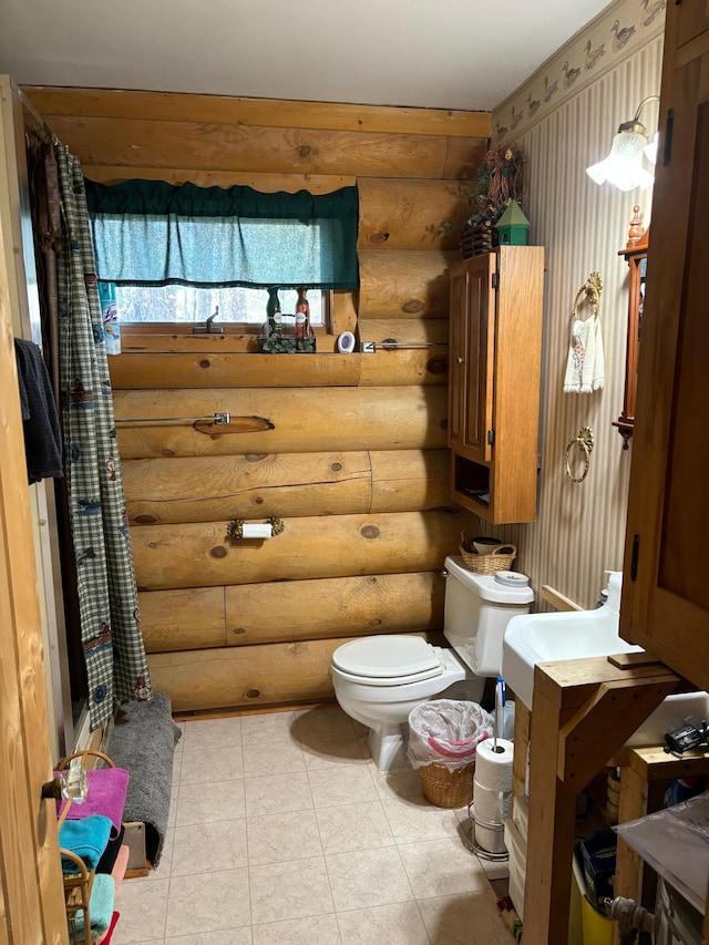 47241 186th Pl, Mcgregor, MN 55760 - bathroom featuring rustic walls and curtained shower