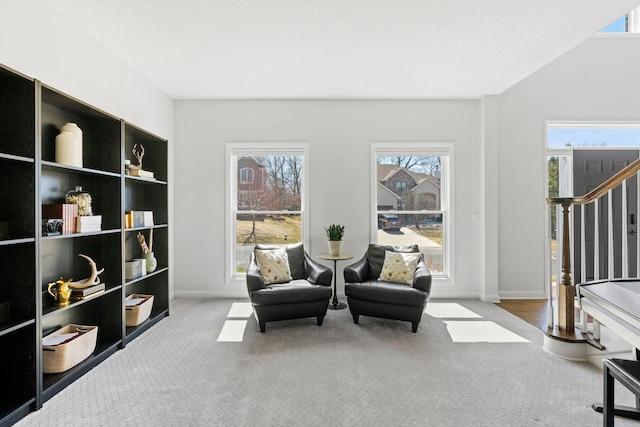 16500 Irwindale Way, Lakeville, MN 55044 - living area featuring stairway, carpet floors, and baseboards