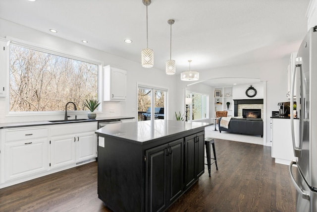 16500 Irwindale Way, Lakeville, MN 55044 - kitchen featuring a sink, dark cabinetry, dark wood finished floors, white cabinets, and a stone fireplace