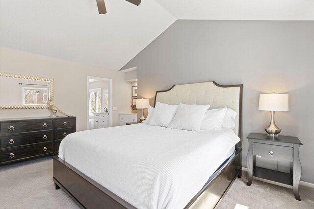 16500 Irwindale Way, Lakeville, MN 55044 - bedroom featuring light colored carpet, vaulted ceiling, ceiling fan, and ensuite bathroom