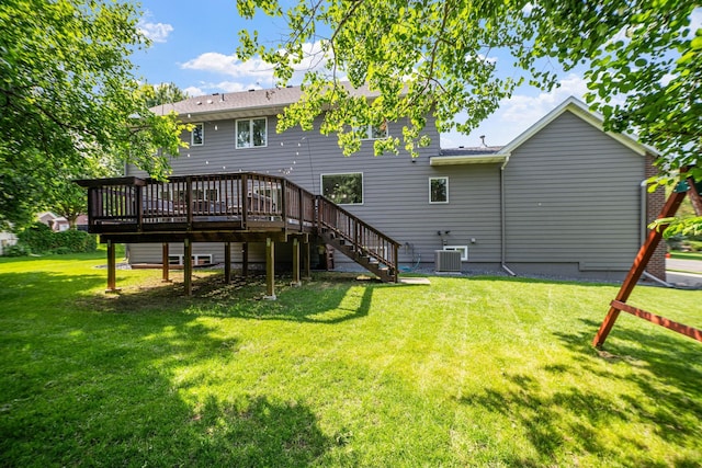 16500 Irwindale Way, Lakeville, MN 55044 - rear view of property with stairway, a deck, a lawn, and central AC unit