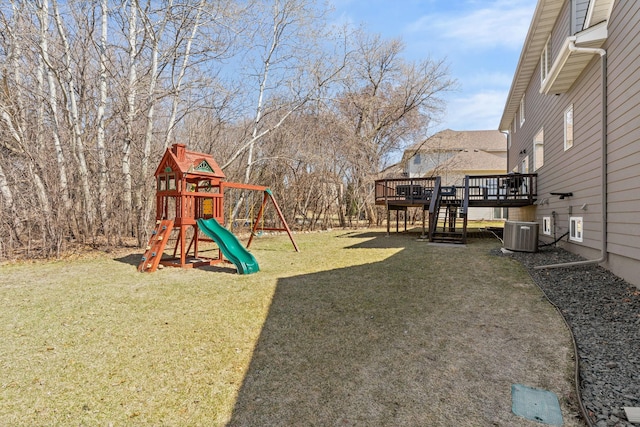 16500 Irwindale Way, Lakeville, MN 55044 - view of green lawn with a deck, a playground, central AC unit, and stairs