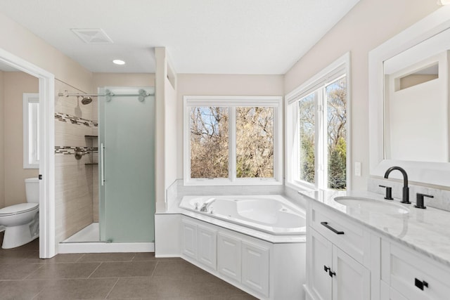 16500 Irwindale Way, Lakeville, MN 55044 - bathroom featuring toilet, a shower stall, a bath, vanity, and tile patterned flooring