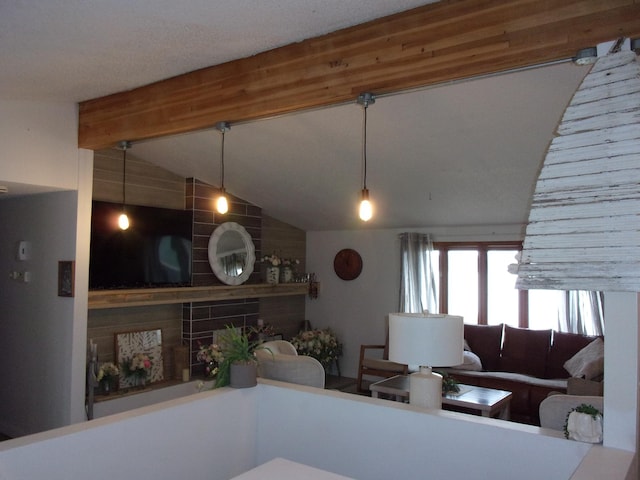 living area featuring a fireplace
