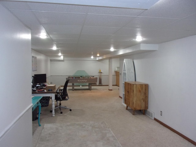 office area with carpet flooring, a drop ceiling, pool table, and baseboards