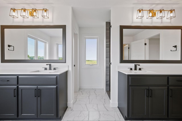 13937 Ember Ct, Apple Valley, MN 55124 - full bathroom with marble look tile flooring and two vanities