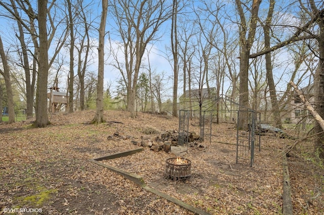 view of yard featuring an outdoor fire pit