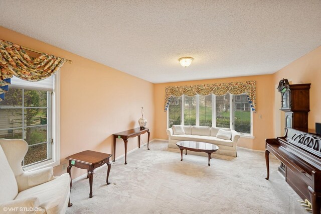 living area with baseboards, a textured ceiling, and light carpet