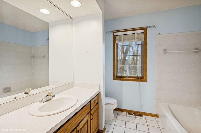 full bath featuring vanity, toilet, tile patterned floors, baseboards, and visible vents