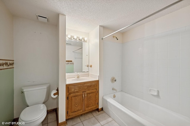 bathroom featuring visible vents, tile patterned flooring, toilet, a textured ceiling, and shower / washtub combination