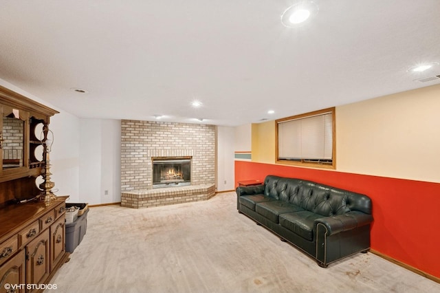 living area with light carpet, a fireplace, recessed lighting, baseboards, and visible vents