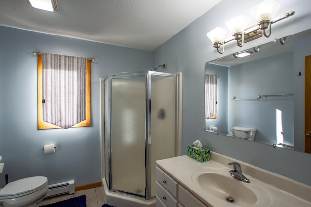 17367 Gull Lake Loop Rd NE, Bemidji, MN 56601 - bathroom featuring a baseboard heating unit, toilet, tile patterned floors, and a shower stall