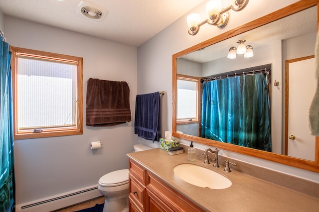 17367 Gull Lake Loop Rd NE, Bemidji, MN 56601 - full bath featuring a baseboard radiator, toilet, vanity, and a shower with shower curtain