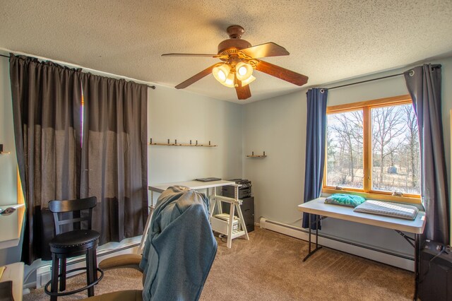 17367 Gull Lake Loop Rd NE, Bemidji, MN 56601 - carpeted home office with baseboard heating, a ceiling fan, and a textured ceiling