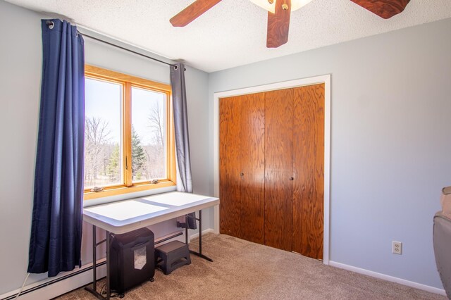 17367 Gull Lake Loop Rd NE, Bemidji, MN 56601 - carpeted home office featuring baseboard heating, a ceiling fan, a textured ceiling, and baseboards