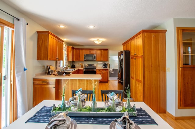 17367 Gull Lake Loop Rd NE, Bemidji, MN 56601 - kitchen featuring stainless steel appliances, light countertops, light wood-style flooring, a peninsula, and a sink
