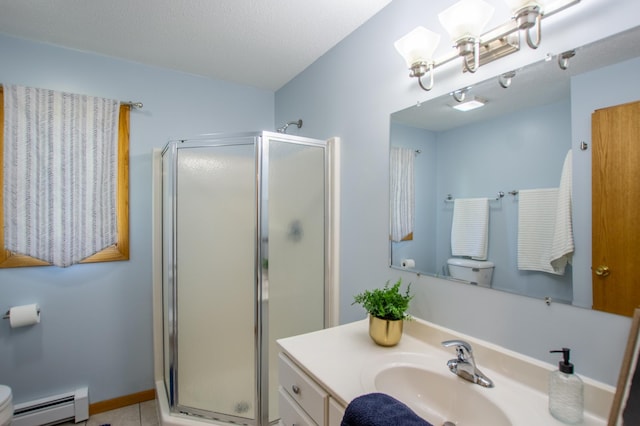 17367 Gull Lake Loop Rd NE, Bemidji, MN 56601 - bathroom featuring toilet, a baseboard heating unit, vanity, and a shower stall