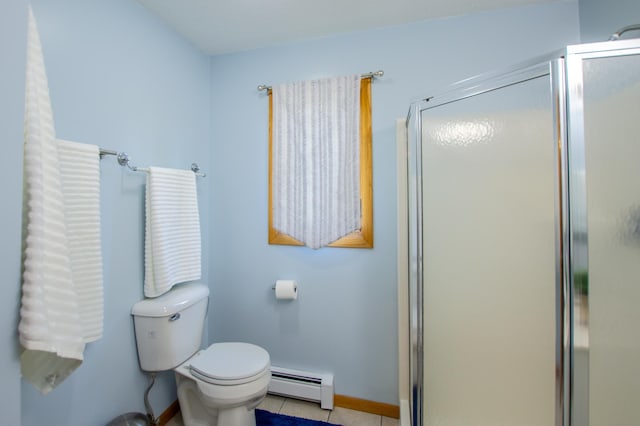 17367 Gull Lake Loop Rd NE, Bemidji, MN 56601 - bathroom featuring baseboard heating, a stall shower, tile patterned flooring, toilet, and baseboards