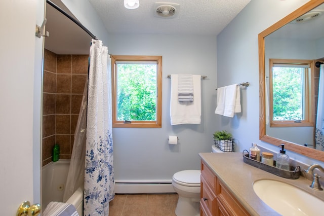 17367 Gull Lake Loop Rd NE, Bemidji, MN 56601 - full bathroom with baseboard heating, healthy amount of natural light, tile patterned floors, vanity, and a textured ceiling