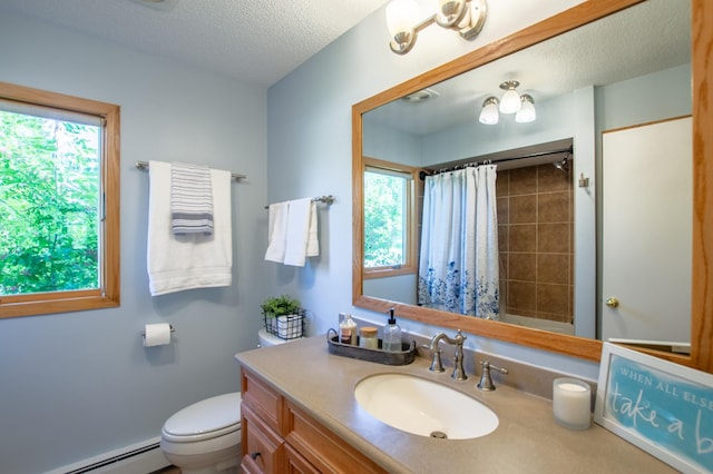 17367 Gull Lake Loop Rd NE, Bemidji, MN 56601 - full bathroom featuring a baseboard radiator, vanity, toilet, a shower with shower curtain, and a textured ceiling