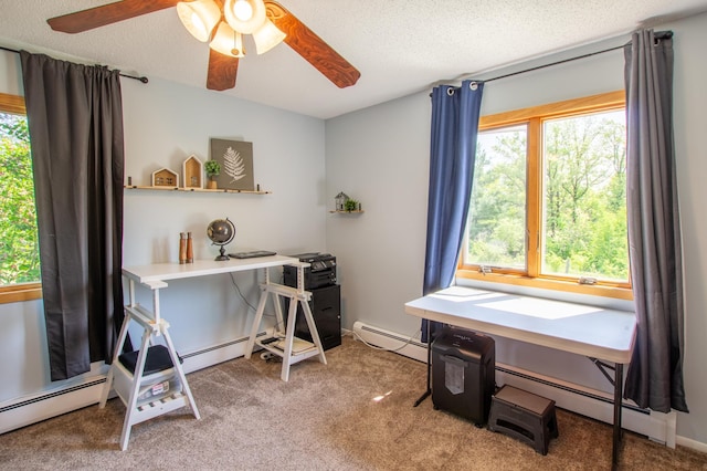 17367 Gull Lake Loop Rd NE, Bemidji, MN 56601 - office featuring a baseboard heating unit, carpet, a ceiling fan, and a textured ceiling
