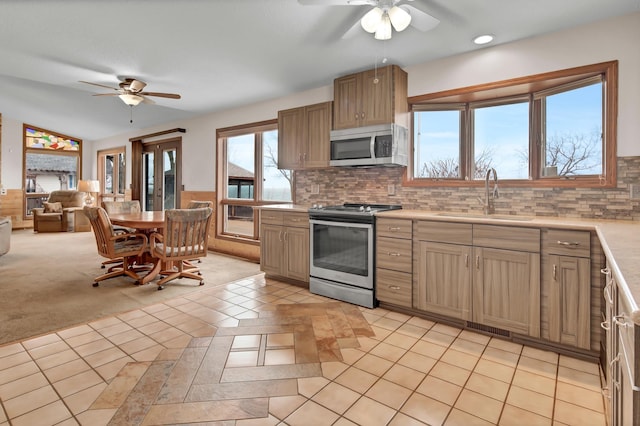 kitchen with plenty of natural light, appliances with stainless steel finishes, a ceiling fan, and a sink