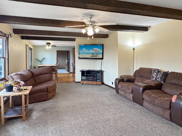 1126 US Highway 59, Garvin, MN 56132 - living area with beam ceiling, carpet, and a ceiling fan