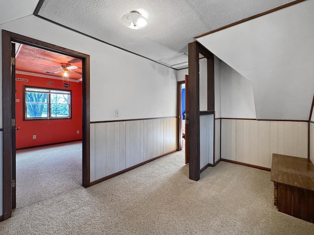 1126 US Highway 59, Garvin, MN 56132 - additional living space featuring a textured ceiling, wainscoting, carpet flooring, ceiling fan, and wooden walls