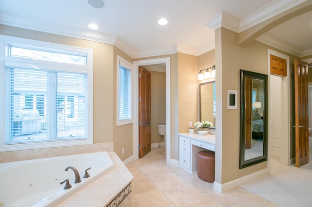 13980 Emerald Rdg, Minnetonka, MN 55305 - ensuite bathroom with a jetted tub, vanity, ornamental molding, recessed lighting, and tile patterned flooring