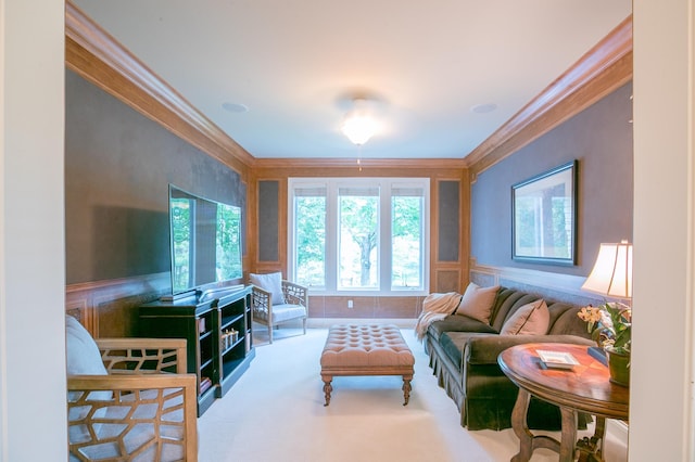 13980 Emerald Rdg, Minnetonka, MN 55305 - carpeted living room with crown molding and wainscoting