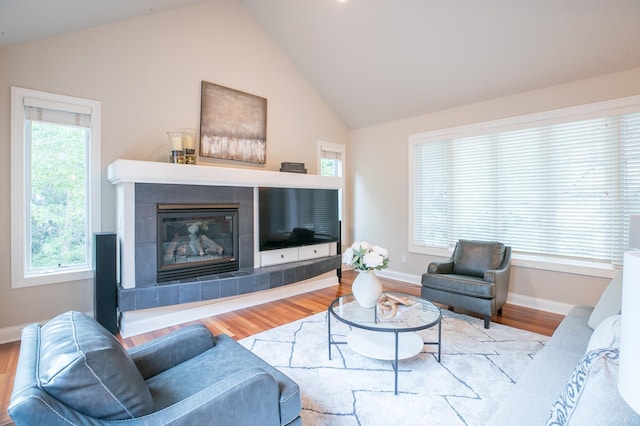 13980 Emerald Rdg, Minnetonka, MN 55305 - living area with lofted ceiling, wood finished floors, and a fireplace