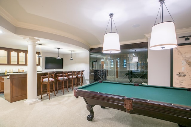 13980 Emerald Rdg, Minnetonka, MN 55305 - rec room featuring crown molding, bar area, billiards, carpet floors, and decorative columns