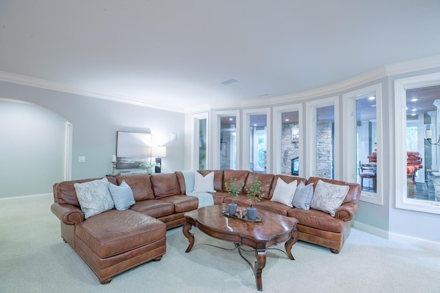 13980 Emerald Rdg, Minnetonka, MN 55305 - living room with crown molding, arched walkways, and carpet floors