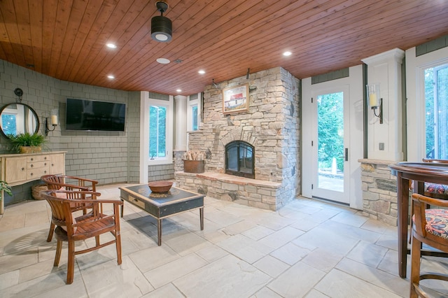 13980 Emerald Rdg, Minnetonka, MN 55305 - living area featuring wooden ceiling, recessed lighting, and a fireplace
